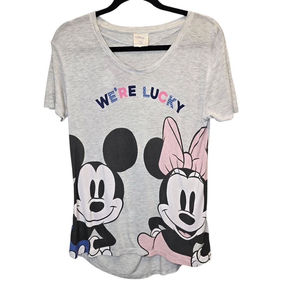 Disney Oysho Women's M Grey Mickey and Minnie We're Lucky Short Sleeve Shirt